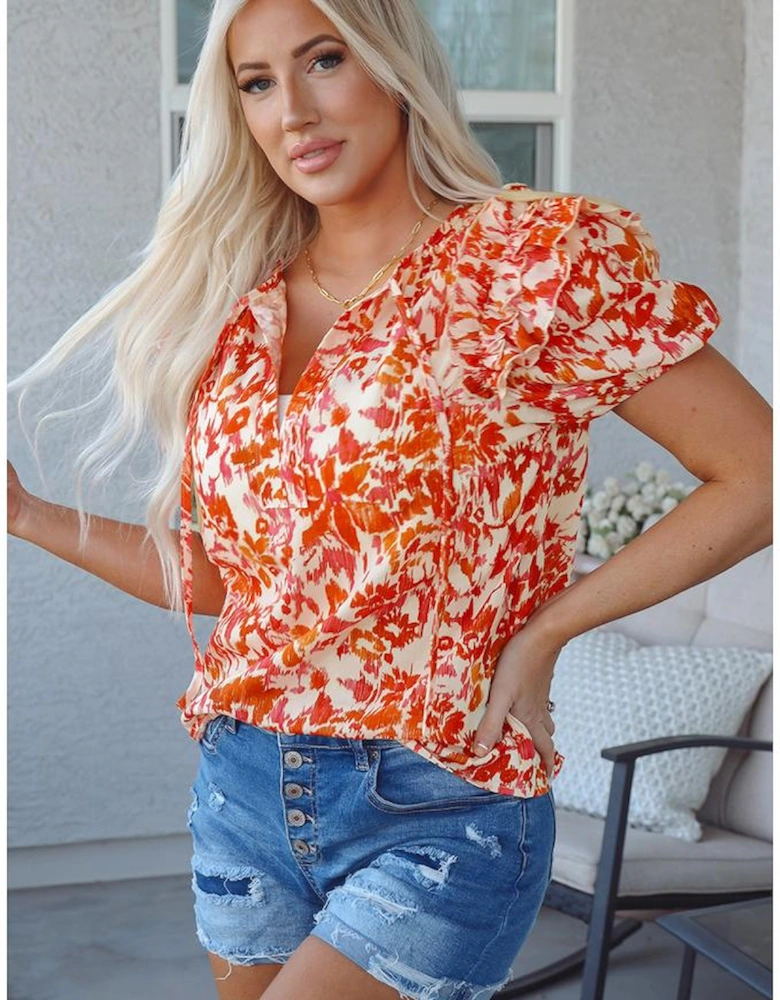 Orange Floral Print Ruffled Short Puff Sleeve Split Neck Blouse