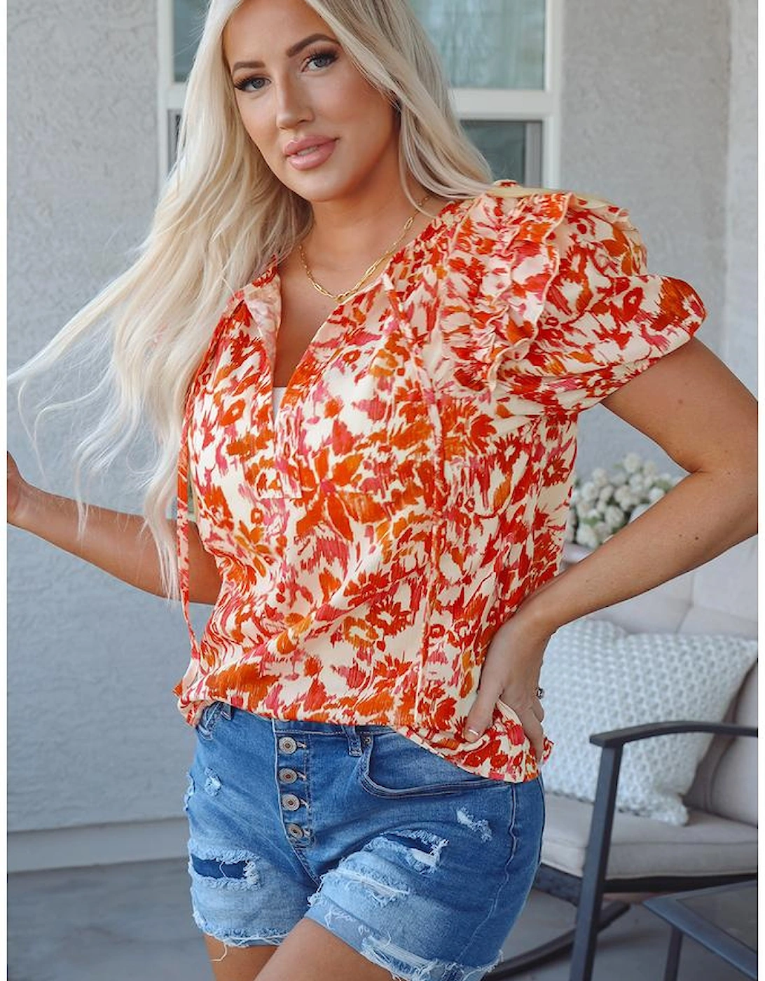 Orange Floral Print Ruffled Short Puff Sleeve Split Neck Blouse