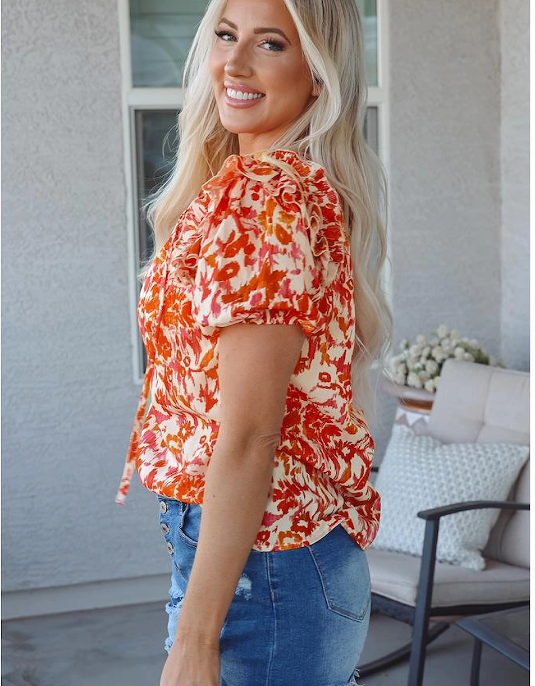 Orange Floral Print Ruffled Short Puff Sleeve Split Neck Blouse