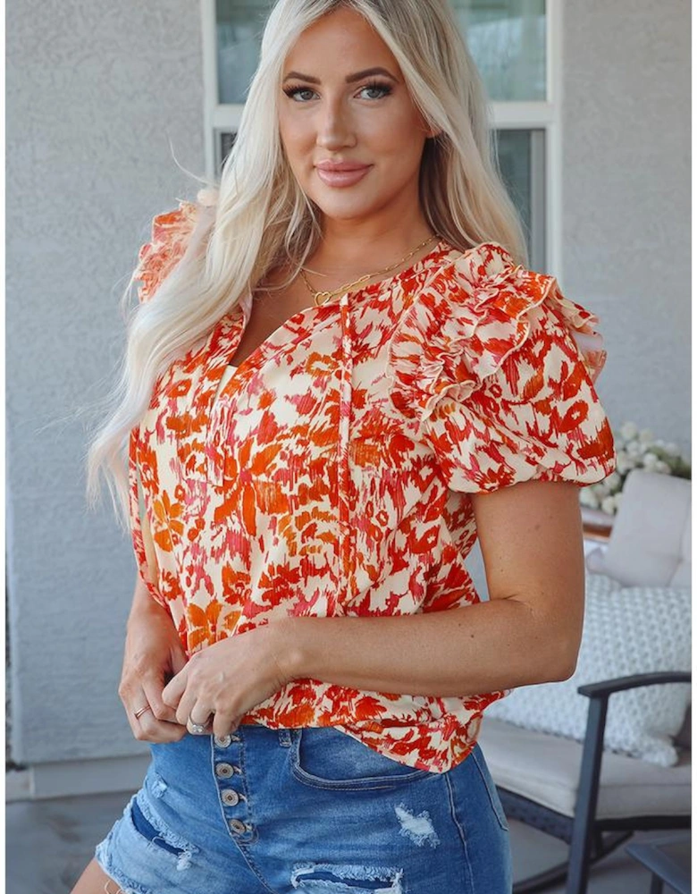 Orange Floral Print Ruffled Short Puff Sleeve Split Neck Blouse