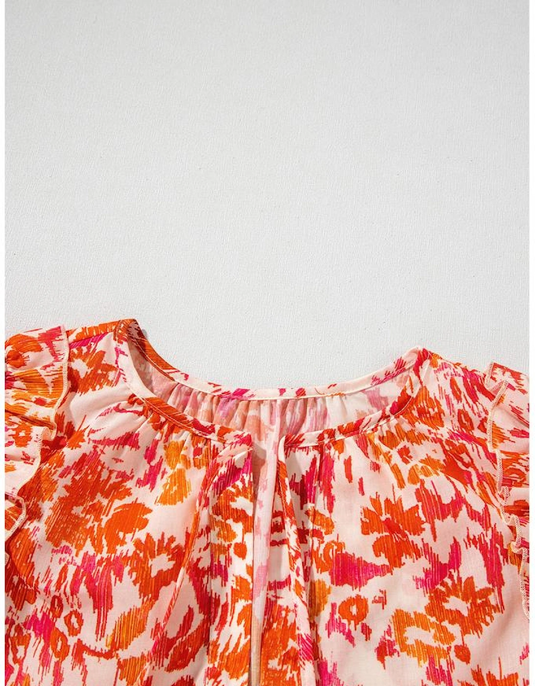 Orange Floral Print Ruffled Short Puff Sleeve Split Neck Blouse