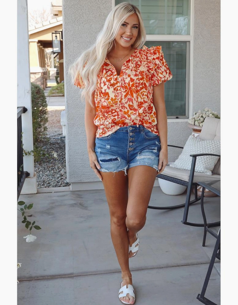 Orange Floral Print Ruffled Short Puff Sleeve Split Neck Blouse