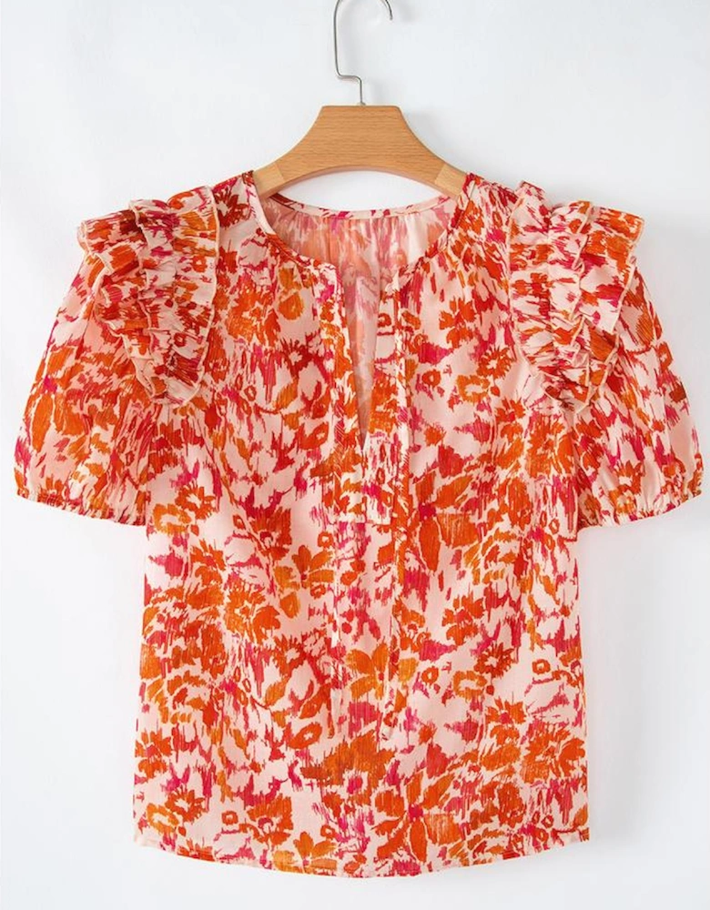 Orange Floral Print Ruffled Short Puff Sleeve Split Neck Blouse