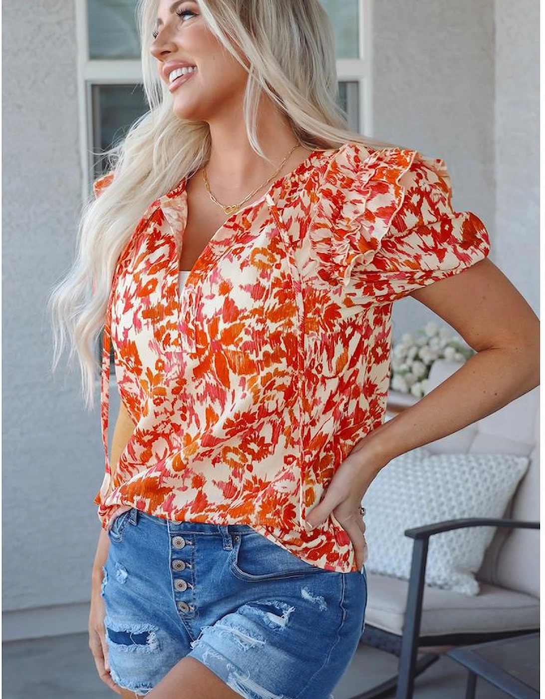 Orange Floral Print Ruffled Short Puff Sleeve Split Neck Blouse