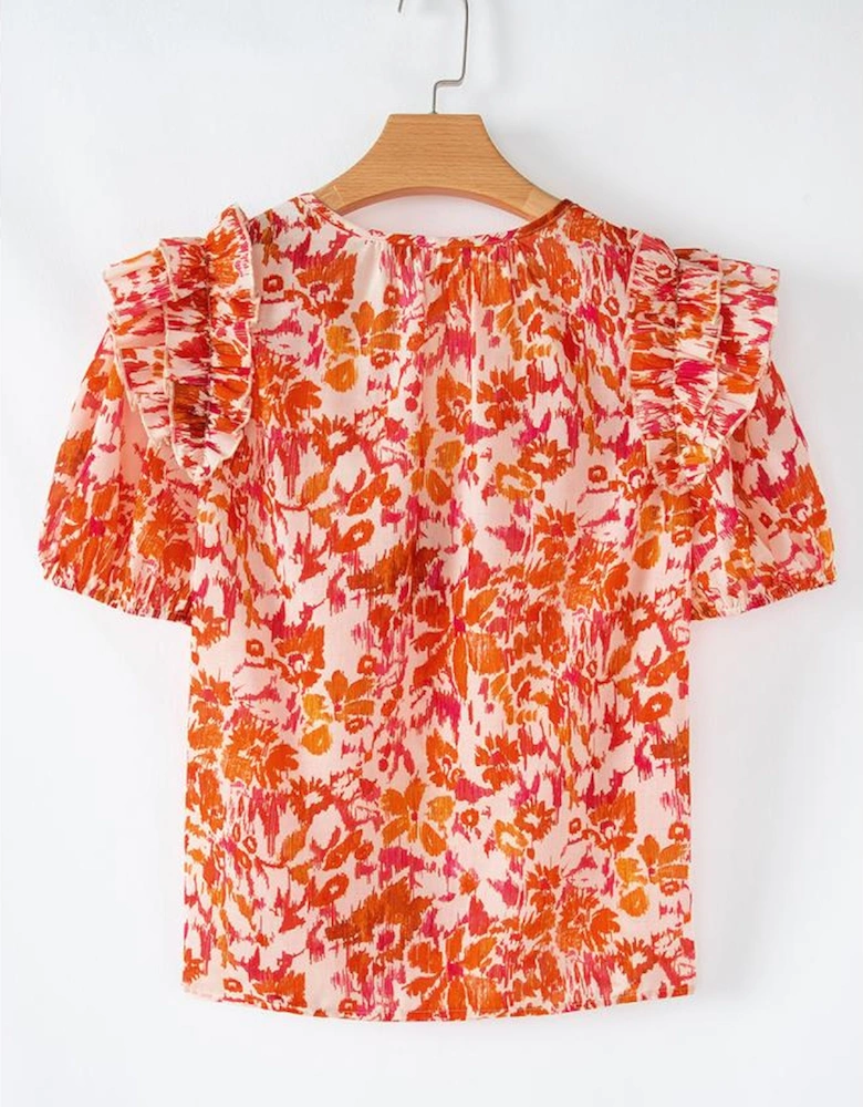 Orange Floral Print Ruffled Short Puff Sleeve Split Neck Blouse