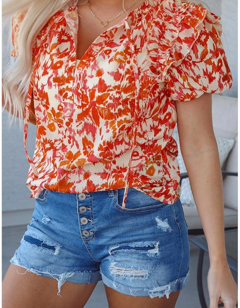 Orange Floral Print Ruffled Short Puff Sleeve Split Neck Blouse
