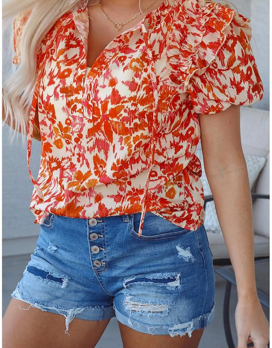 Orange Floral Print Ruffled Short Puff Sleeve Split Neck Blouse