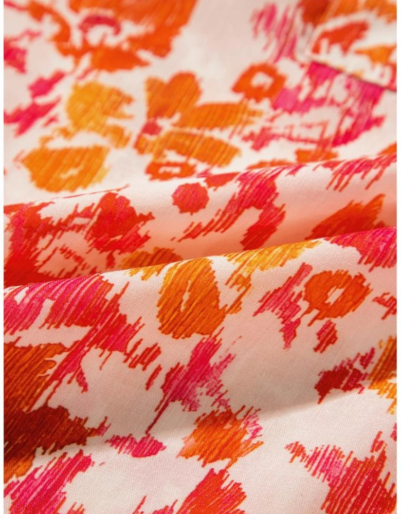 Orange Floral Print Ruffled Short Puff Sleeve Split Neck Blouse