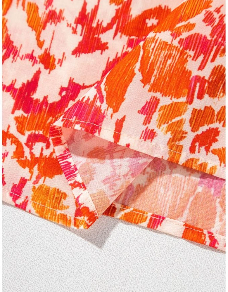 Orange Floral Print Ruffled Short Puff Sleeve Split Neck Blouse