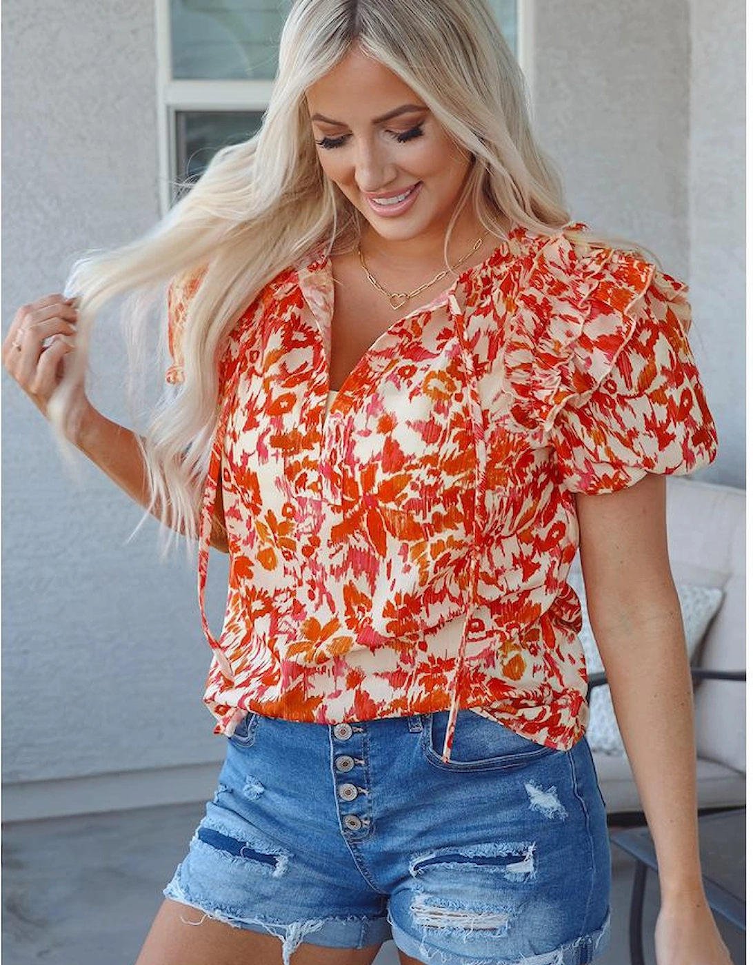 Orange Floral Print Ruffled Short Puff Sleeve Split Neck Blouse