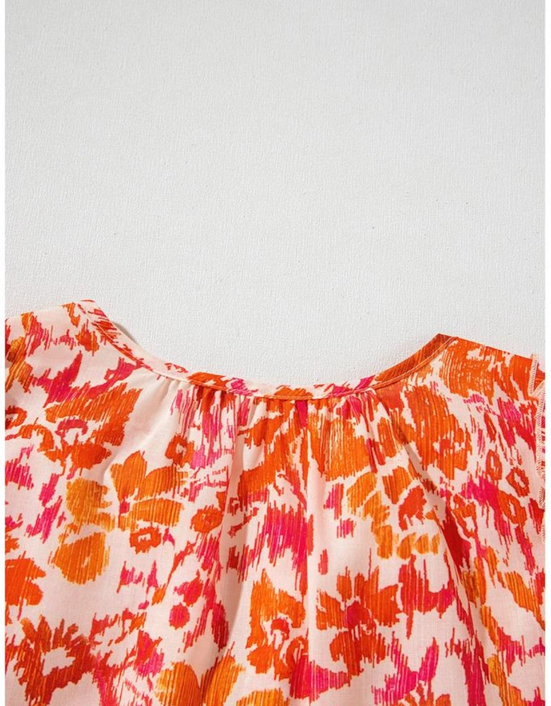 Orange Floral Print Ruffled Short Puff Sleeve Split Neck Blouse