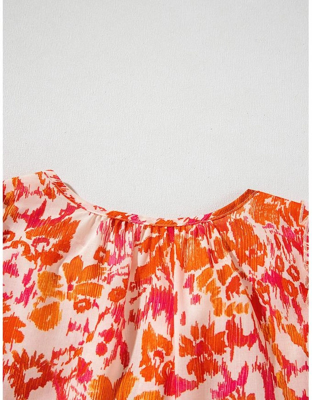 Orange Floral Print Ruffled Short Puff Sleeve Split Neck Blouse
