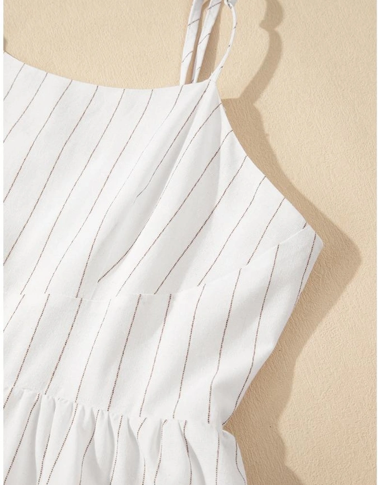 Beige Stripe Spaghetti Strap Pocketed High Waist Maxi Dress