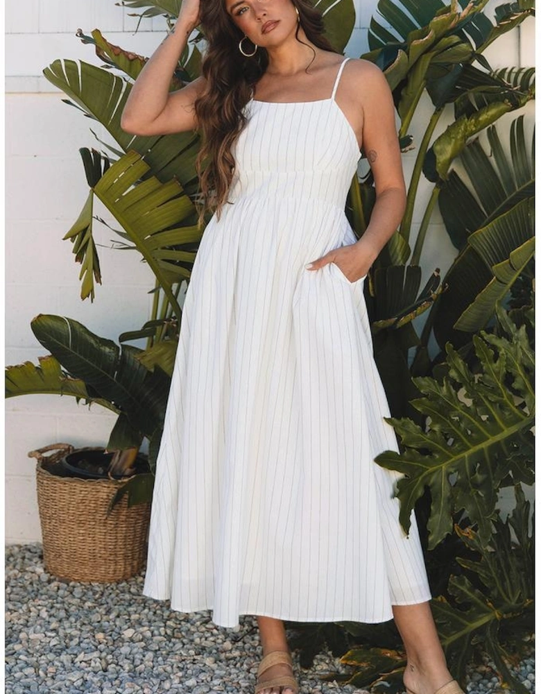 Beige Stripe Spaghetti Strap Pocketed High Waist Maxi Dress