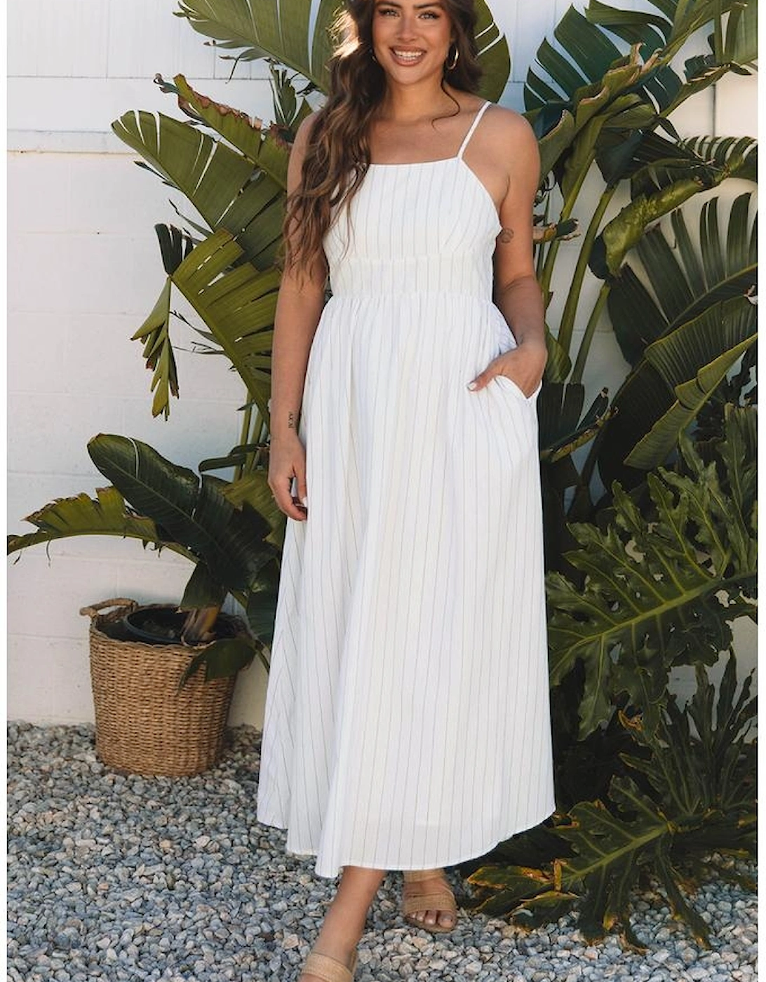 Beige Stripe Spaghetti Strap Pocketed High Waist Maxi Dress, 16 of 15