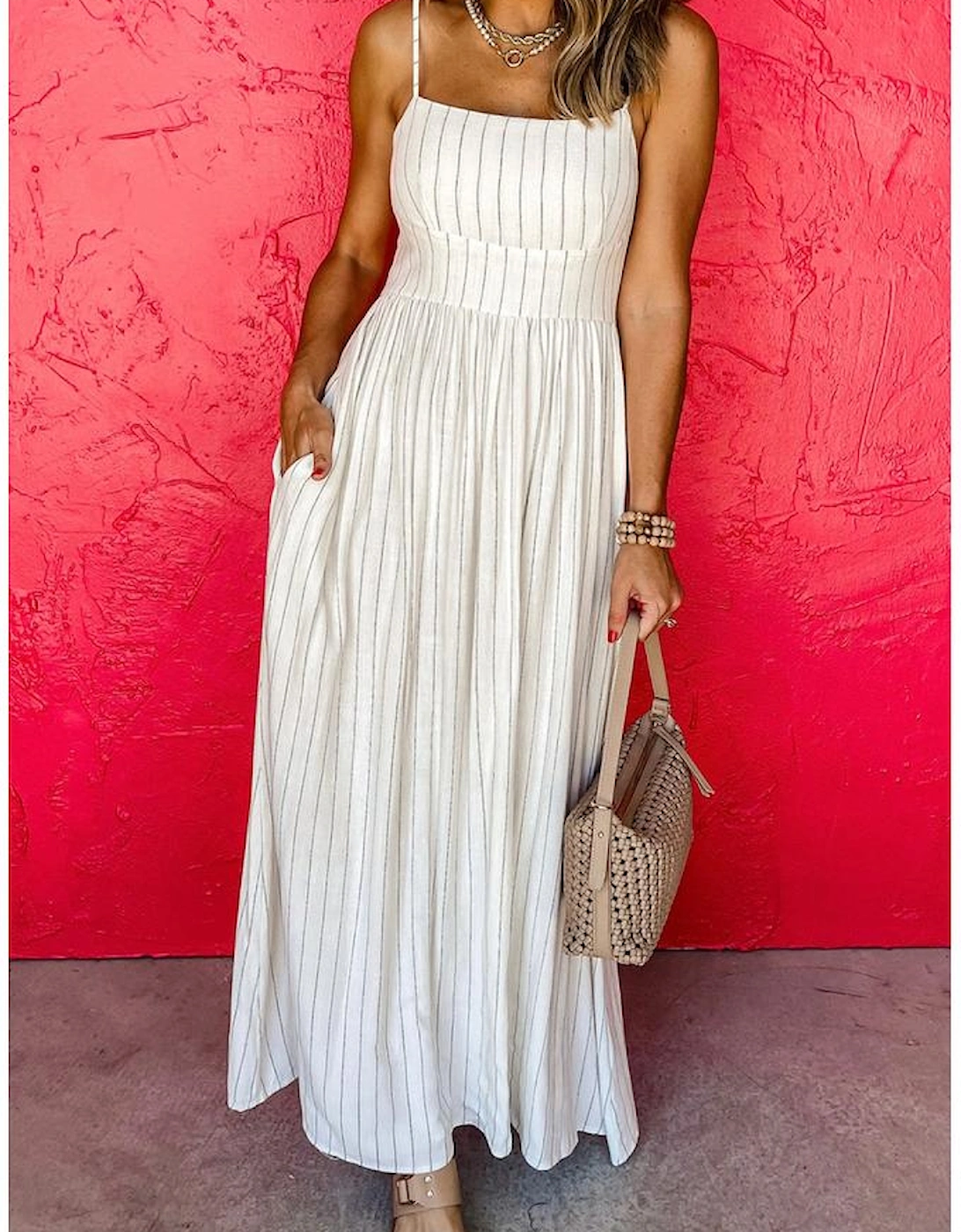 Beige Stripe Spaghetti Strap Pocketed High Waist Maxi Dress
