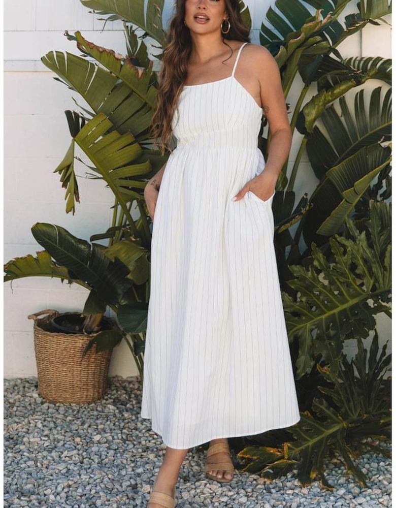 Beige Stripe Spaghetti Strap Pocketed High Waist Maxi Dress