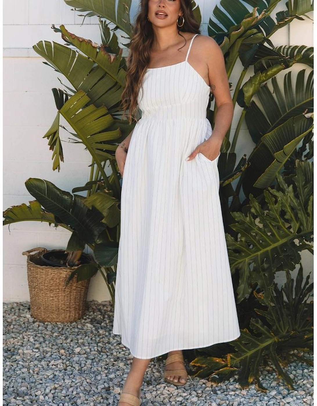 Beige Stripe Spaghetti Strap Pocketed High Waist Maxi Dress