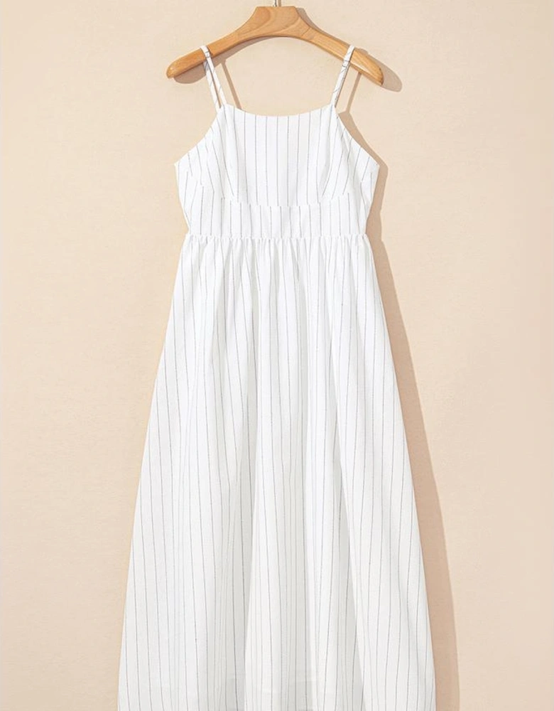 Beige Stripe Spaghetti Strap Pocketed High Waist Maxi Dress