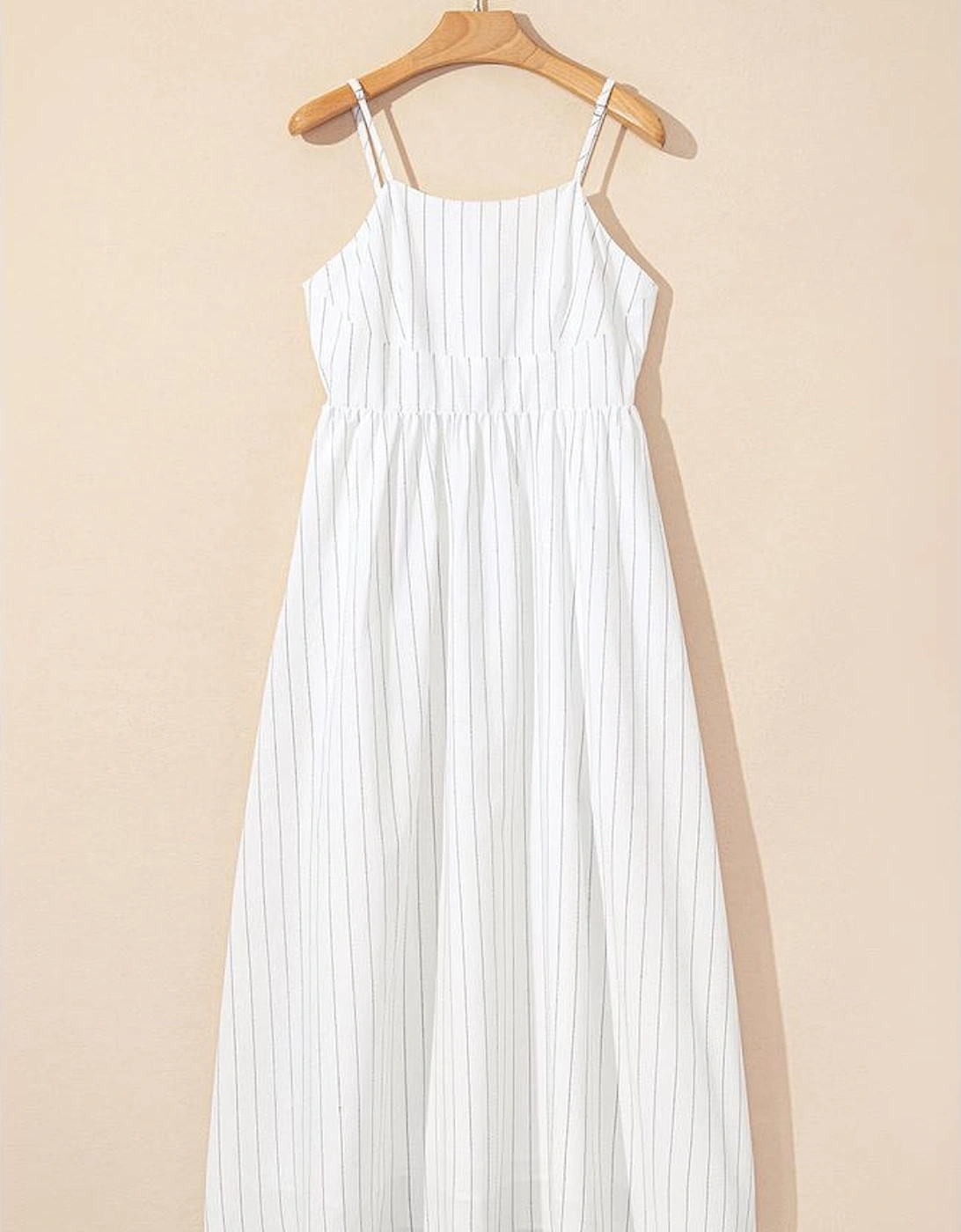 Beige Stripe Spaghetti Strap Pocketed High Waist Maxi Dress