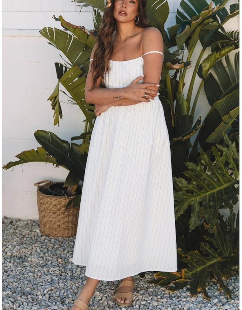 Beige Stripe Spaghetti Strap Pocketed High Waist Maxi Dress