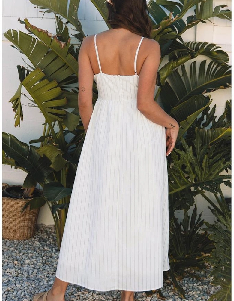 Beige Stripe Spaghetti Strap Pocketed High Waist Maxi Dress