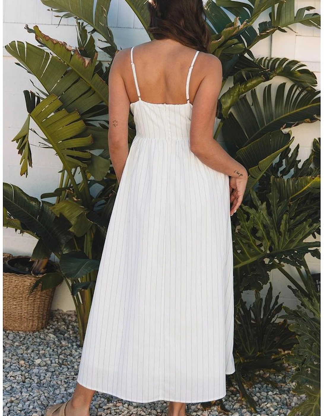 Beige Stripe Spaghetti Strap Pocketed High Waist Maxi Dress