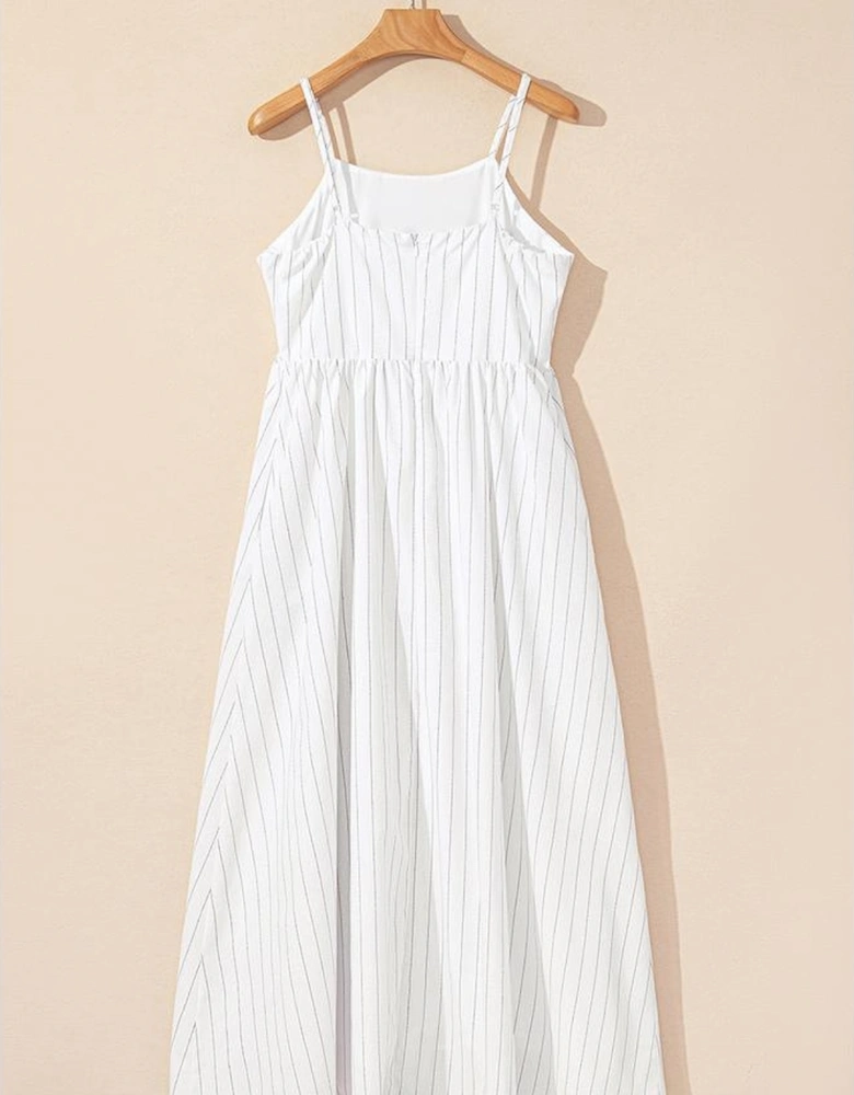 Beige Stripe Spaghetti Strap Pocketed High Waist Maxi Dress