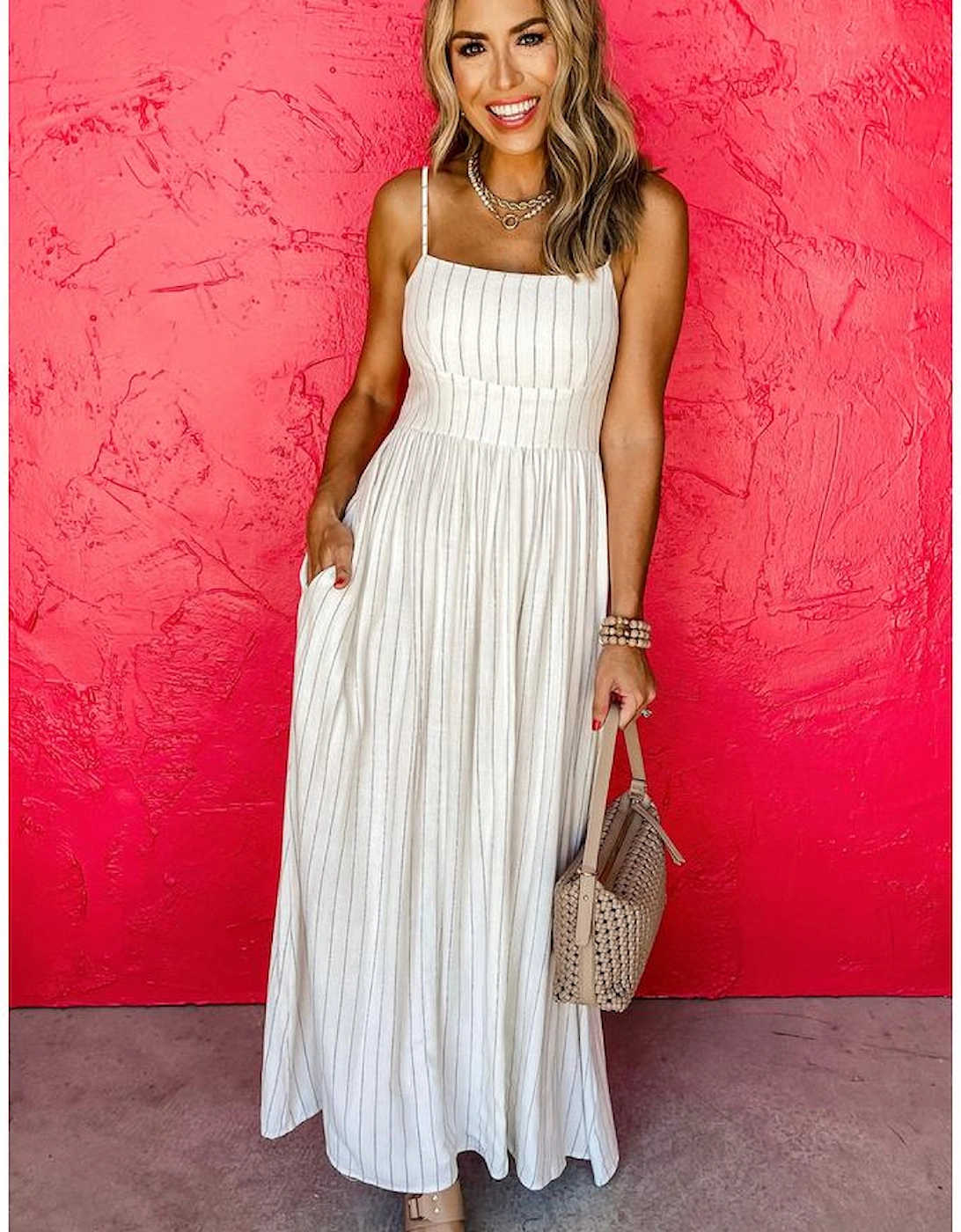 Beige Stripe Spaghetti Strap Pocketed High Waist Maxi Dress