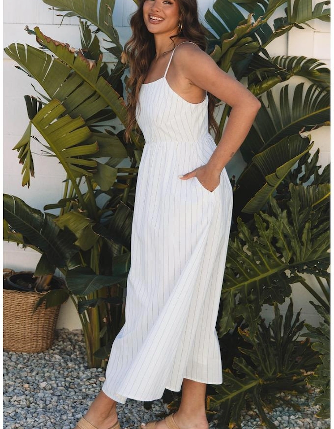 Beige Stripe Spaghetti Strap Pocketed High Waist Maxi Dress