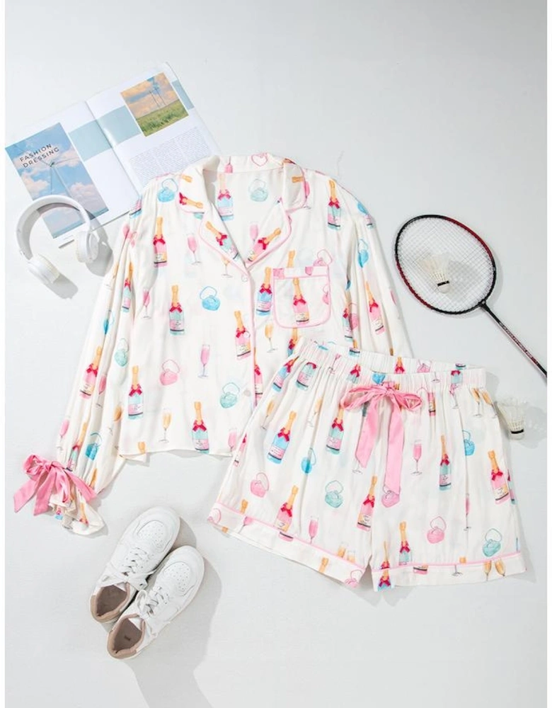 White Plus Size Wine Glass Print Bow Knot Pajama Set