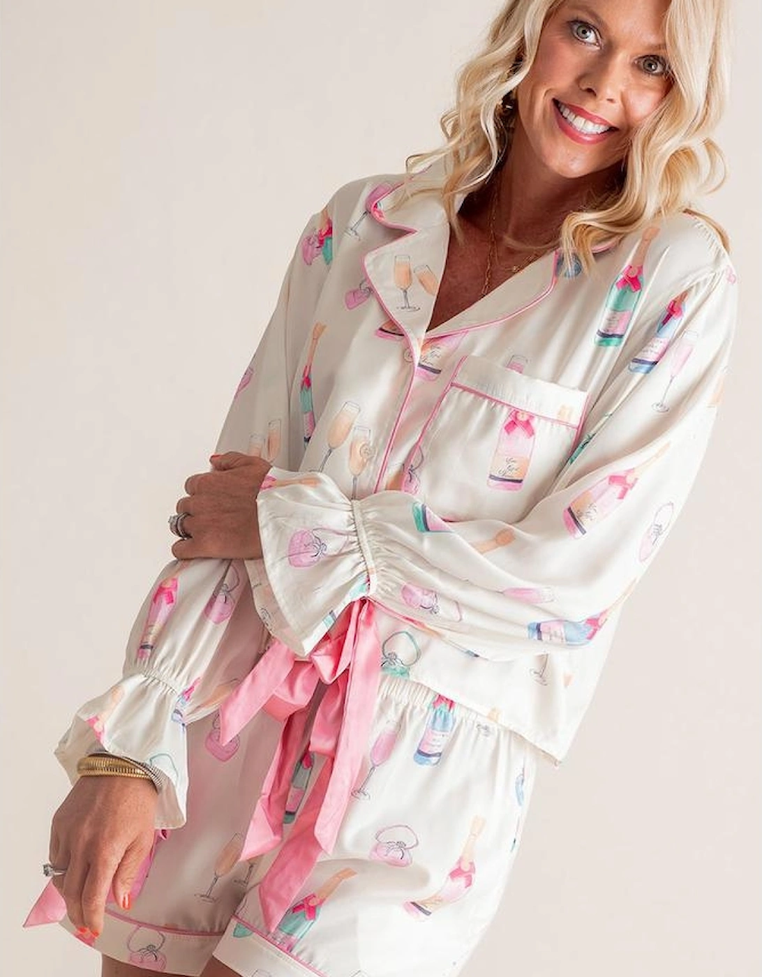 White Plus Size Wine Glass Print Bow Knot Pajama Set