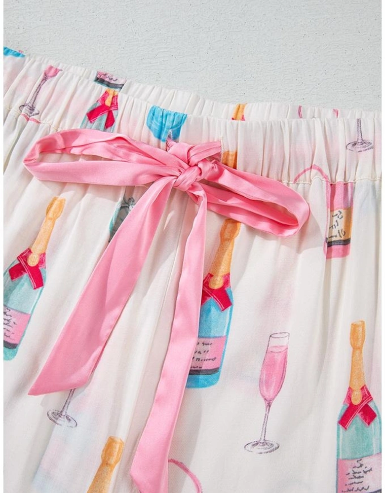 White Plus Size Wine Glass Print Bow Knot Pajama Set