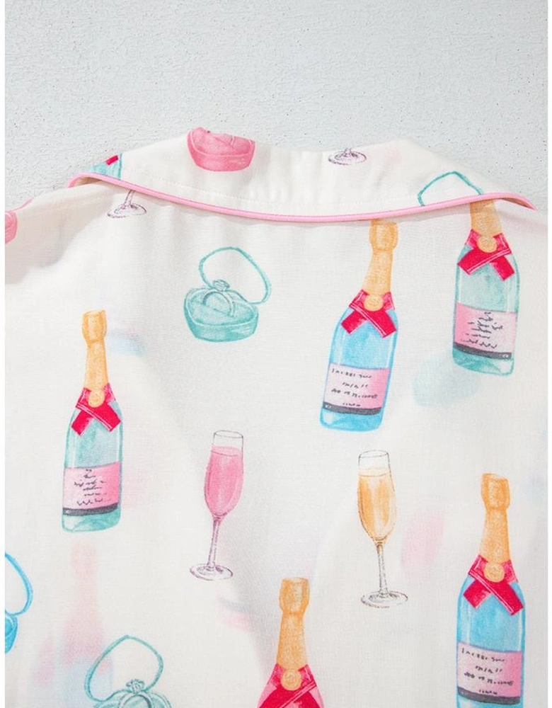 White Plus Size Wine Glass Print Bow Knot Pajama Set