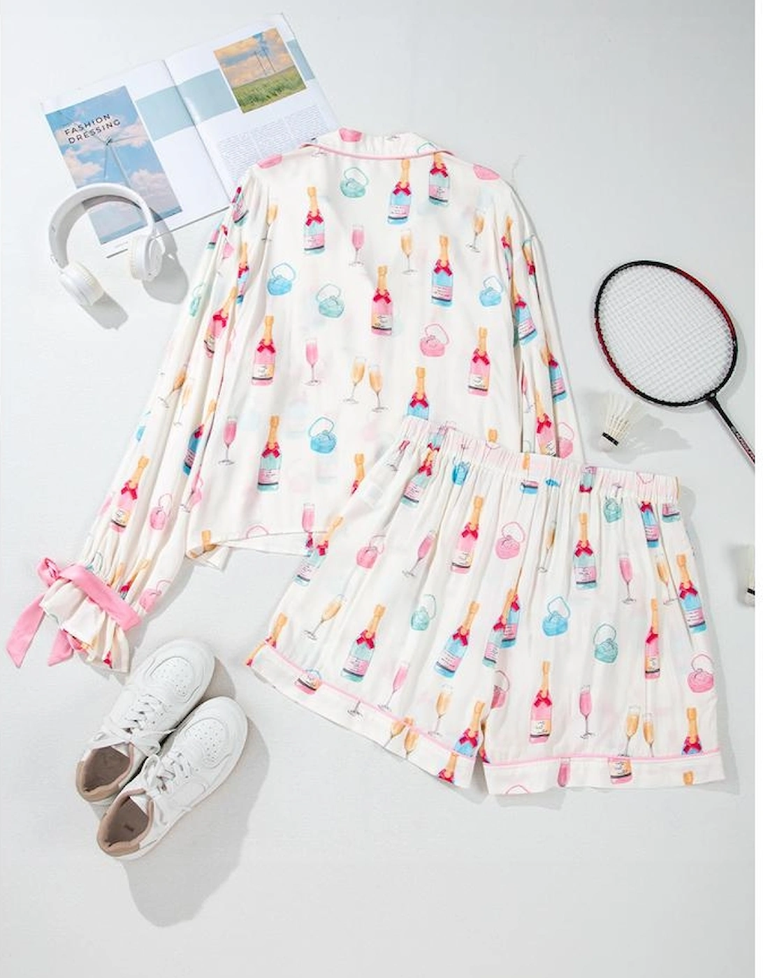 White Plus Size Wine Glass Print Bow Knot Pajama Set