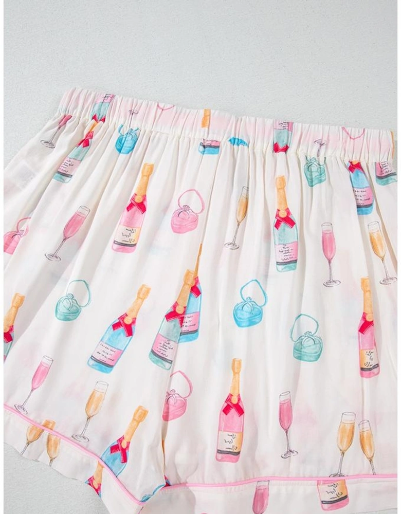 White Plus Size Wine Glass Print Bow Knot Pajama Set