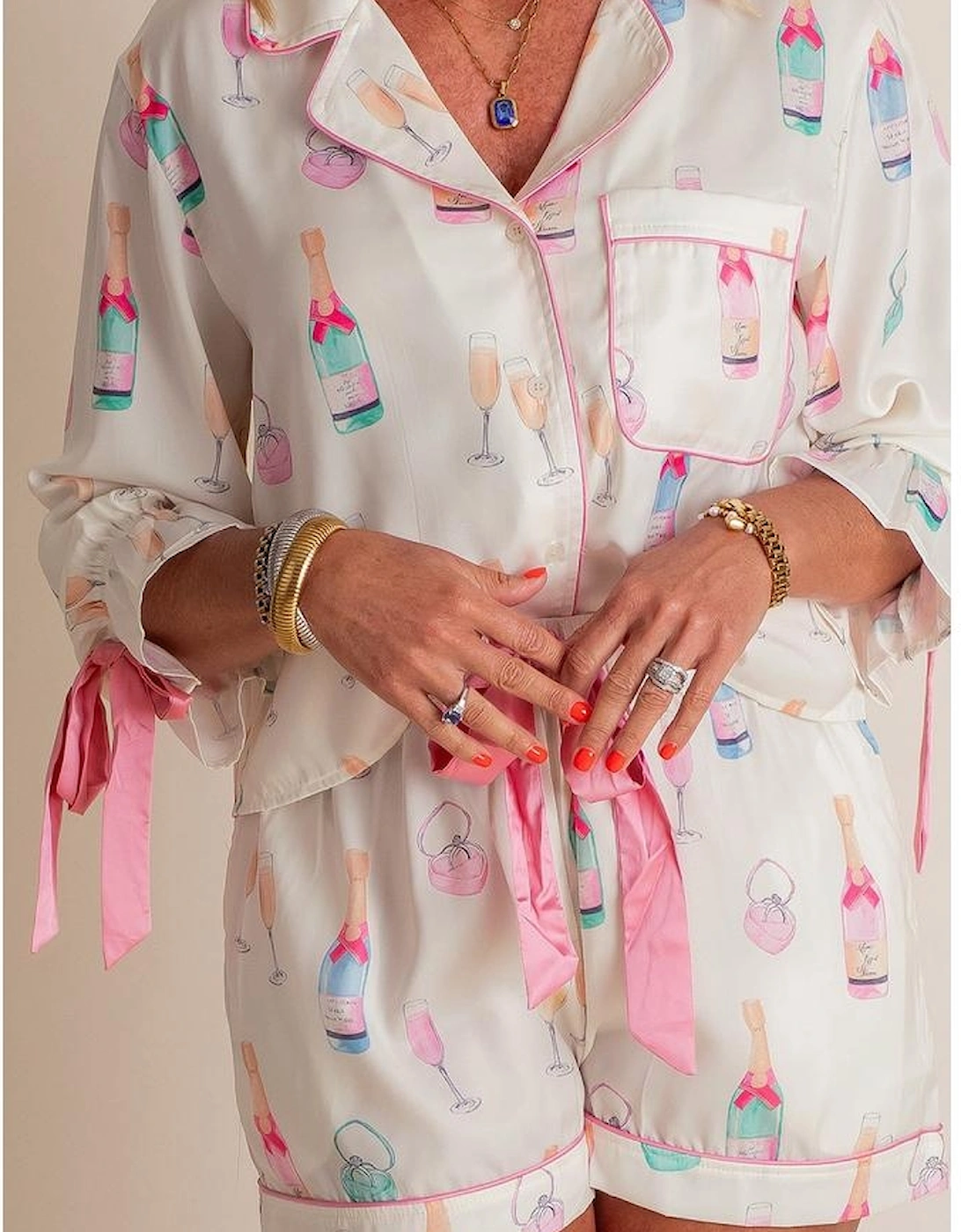 White Plus Size Wine Glass Print Bow Knot Pajama Set