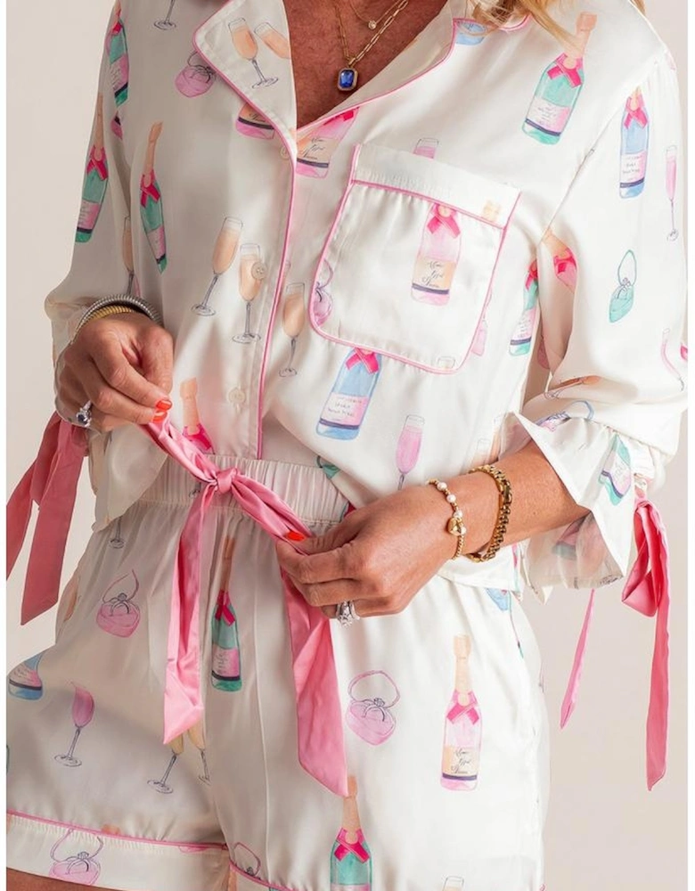 White Plus Size Wine Glass Print Bow Knot Pajama Set