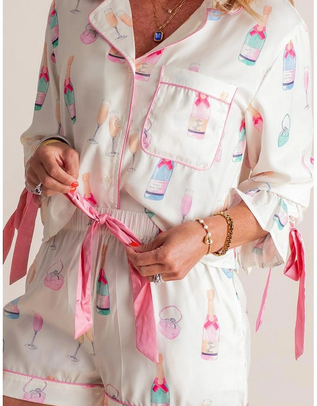 White Plus Size Wine Glass Print Bow Knot Pajama Set