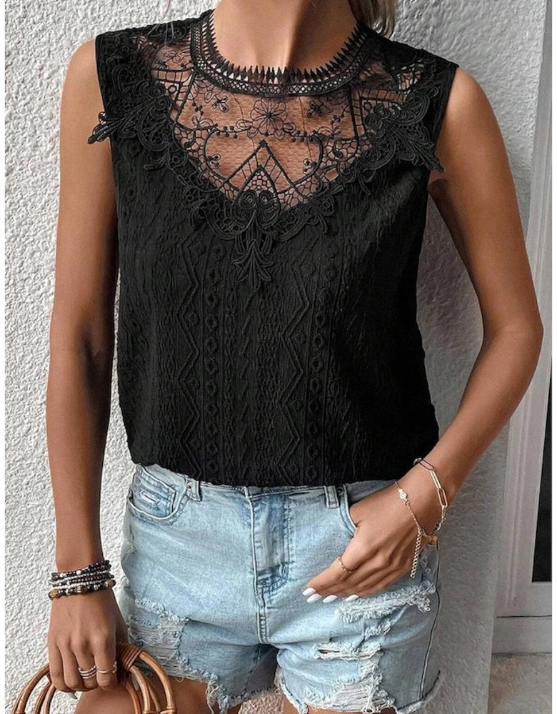 Black Guipure Lace Crochet Keyhole Back Tank Top