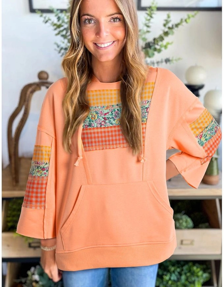 Grapefruit Orange Plaid Floral Patchwork Kangaroo Pocket Hooded Long Sleeve Top