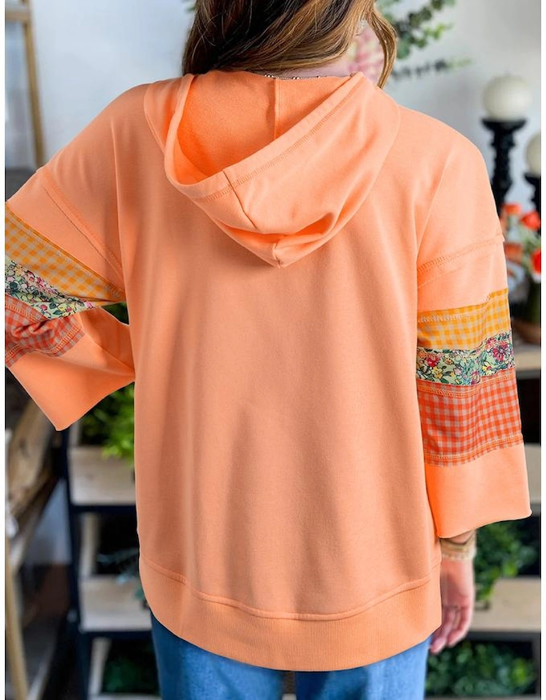 Grapefruit Orange Plaid Floral Patchwork Kangaroo Pocket Hooded Long Sleeve Top, 11 of 10