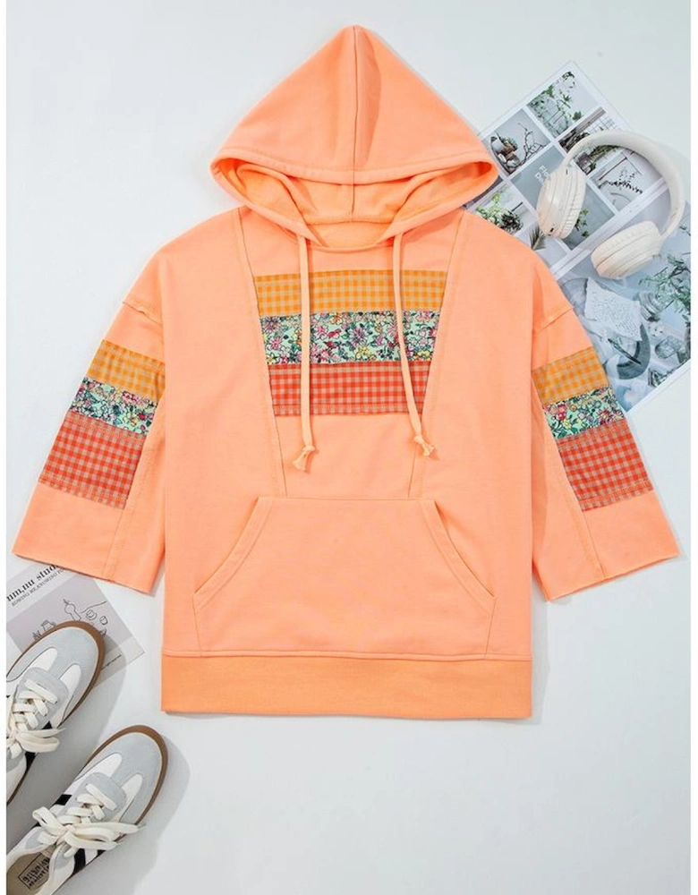 Grapefruit Orange Plaid Floral Patchwork Kangaroo Pocket Hooded Long Sleeve Top