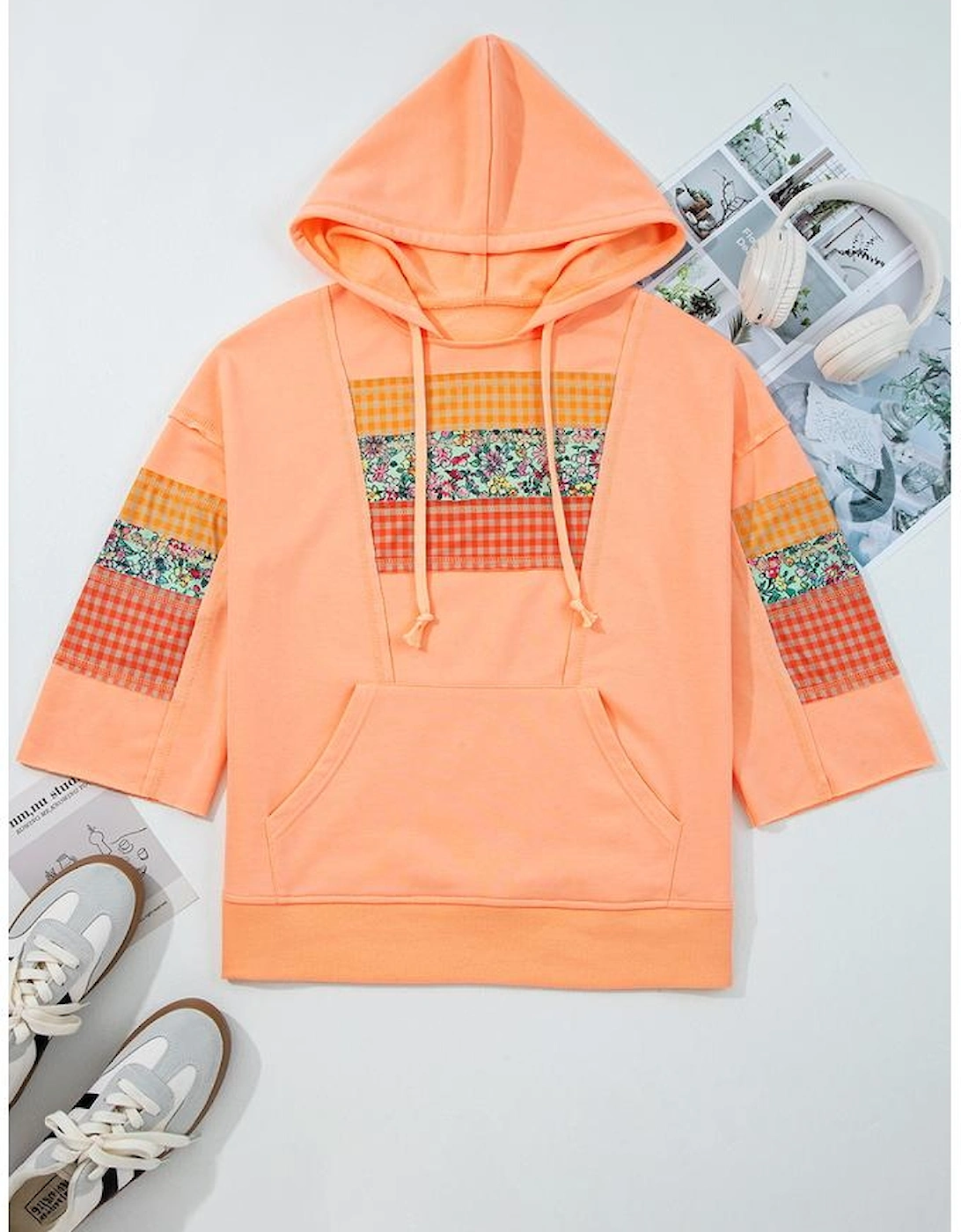 Grapefruit Orange Plaid Floral Patchwork Kangaroo Pocket Hooded Long Sleeve Top