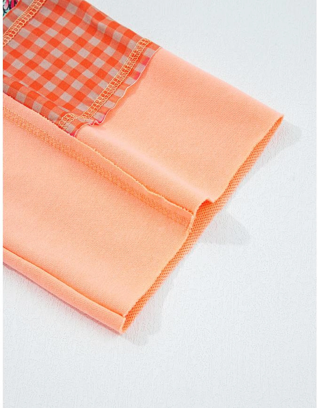 Grapefruit Orange Plaid Floral Patchwork Kangaroo Pocket Hooded Long Sleeve Top