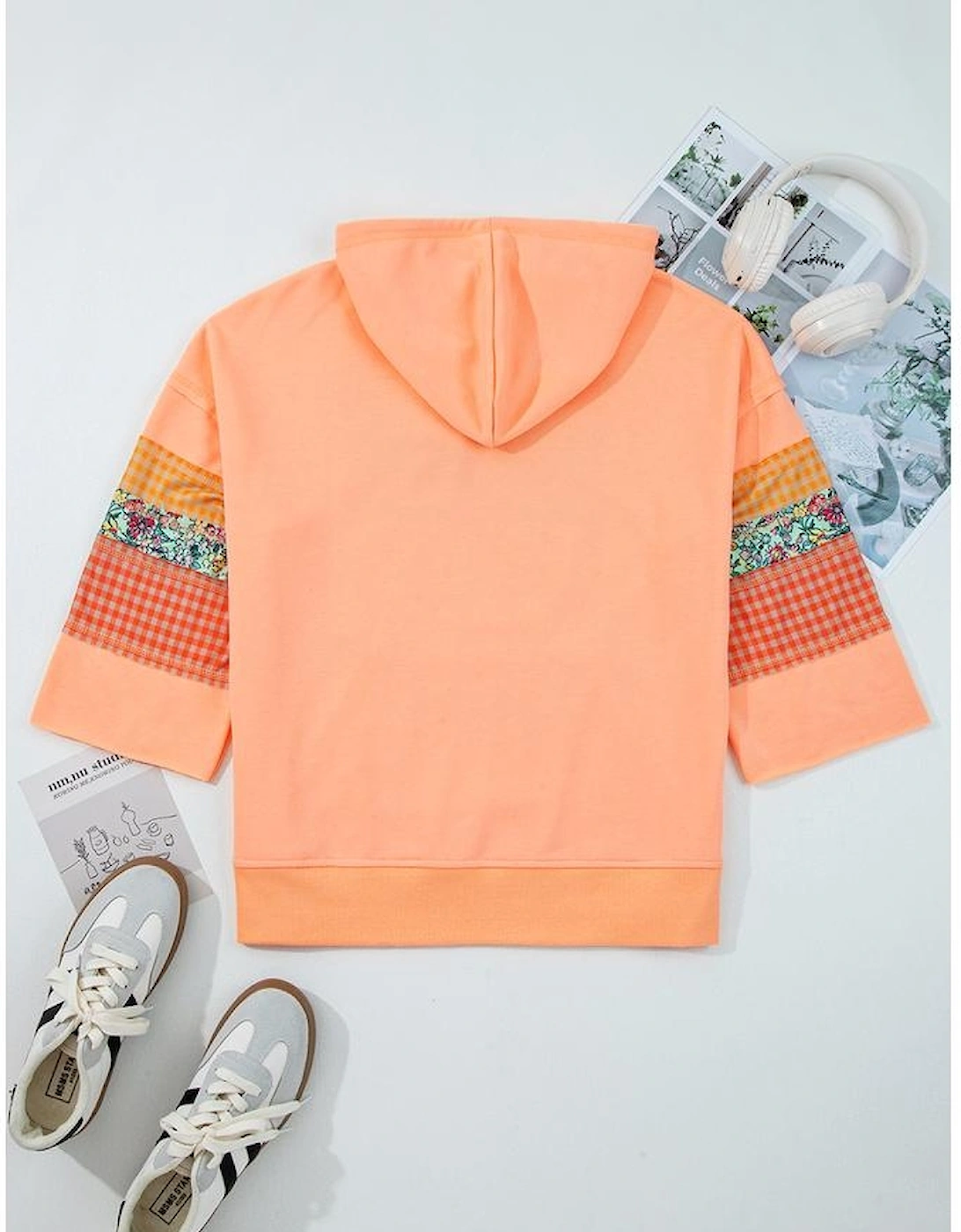 Grapefruit Orange Plaid Floral Patchwork Kangaroo Pocket Hooded Long Sleeve Top