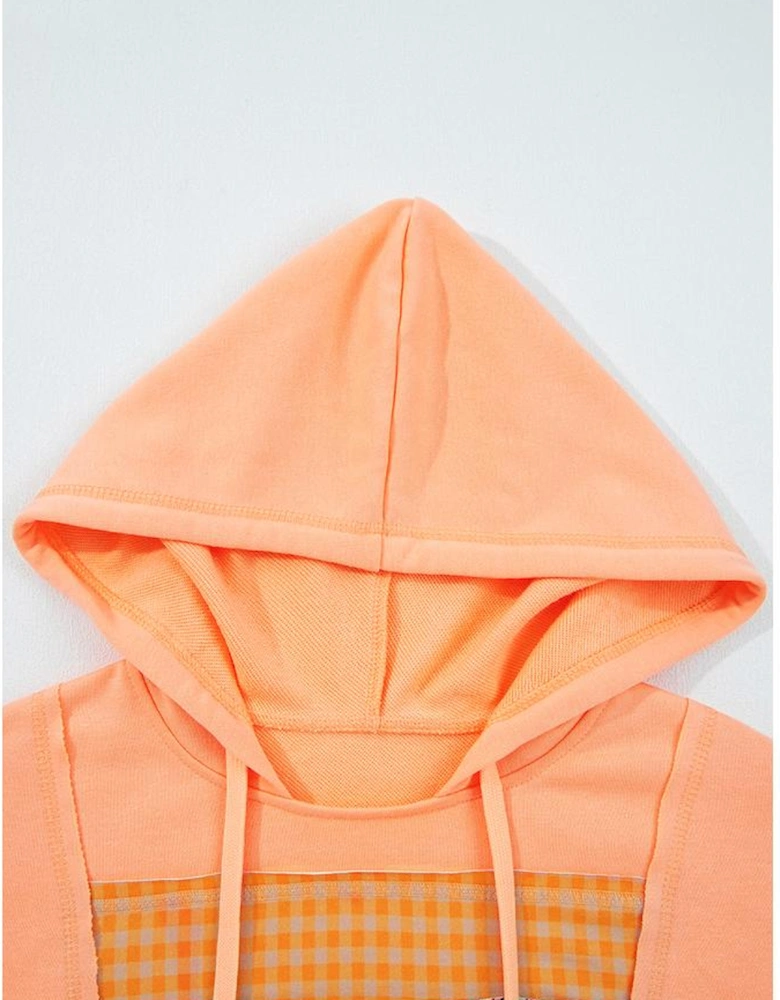 Grapefruit Orange Plaid Floral Patchwork Kangaroo Pocket Hooded Long Sleeve Top