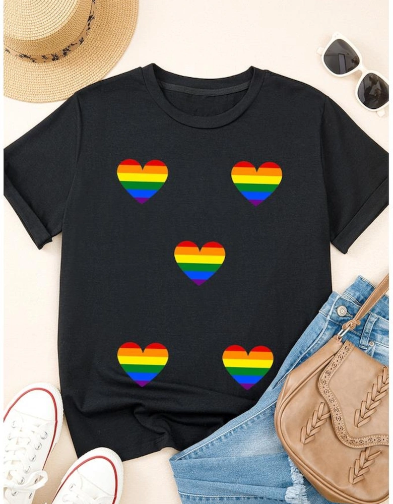 Black Heart Print Crew Neck Chic T Shirt