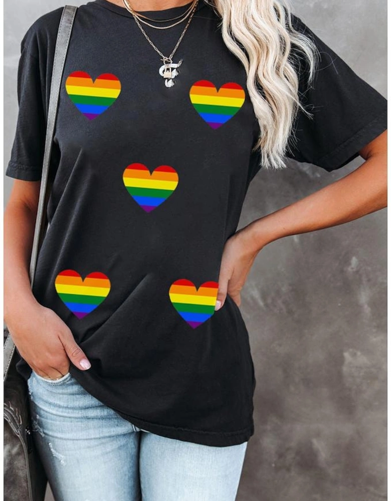 Black Heart Print Crew Neck Chic T Shirt