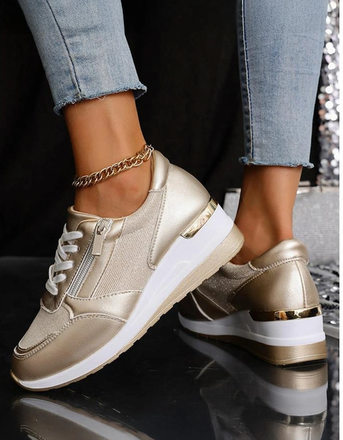 Gold PU Leather Patchwork Zipper Lace-up Sneakers, 3 of 2